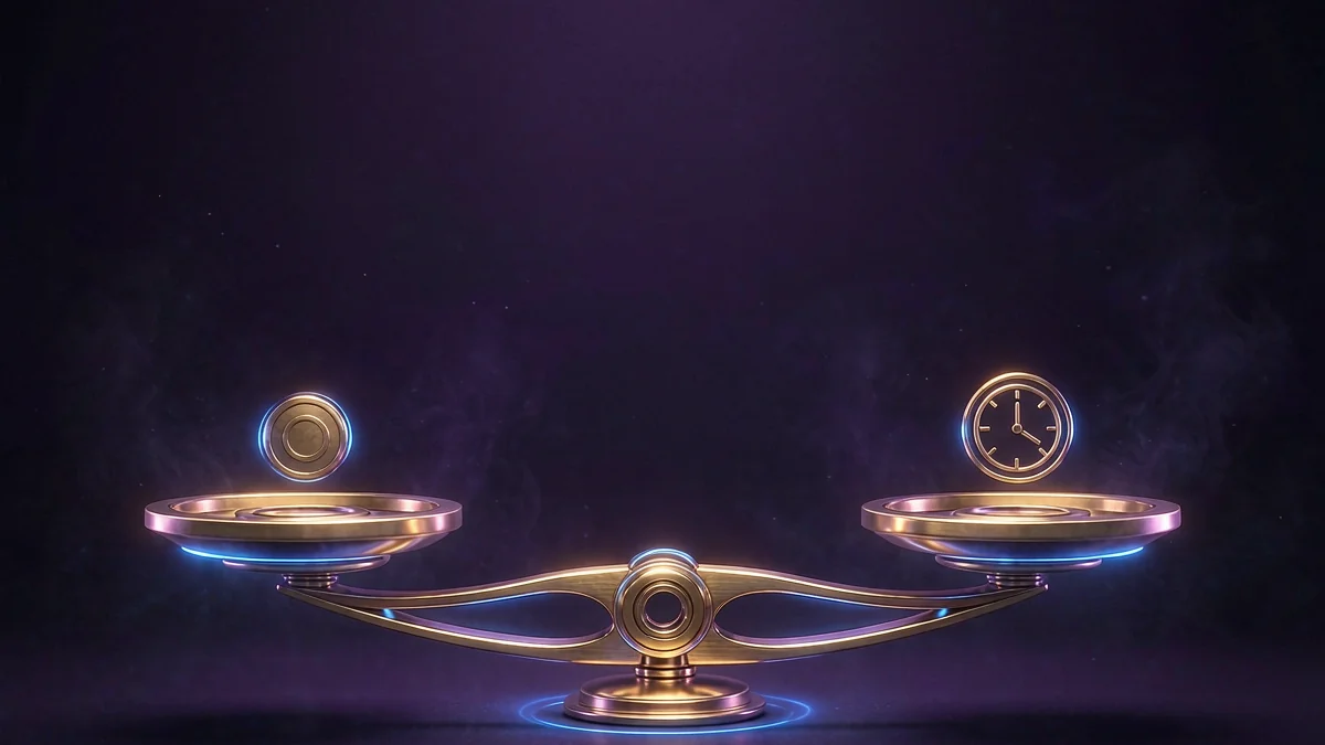 Balance scale with glowing symbols on both sides